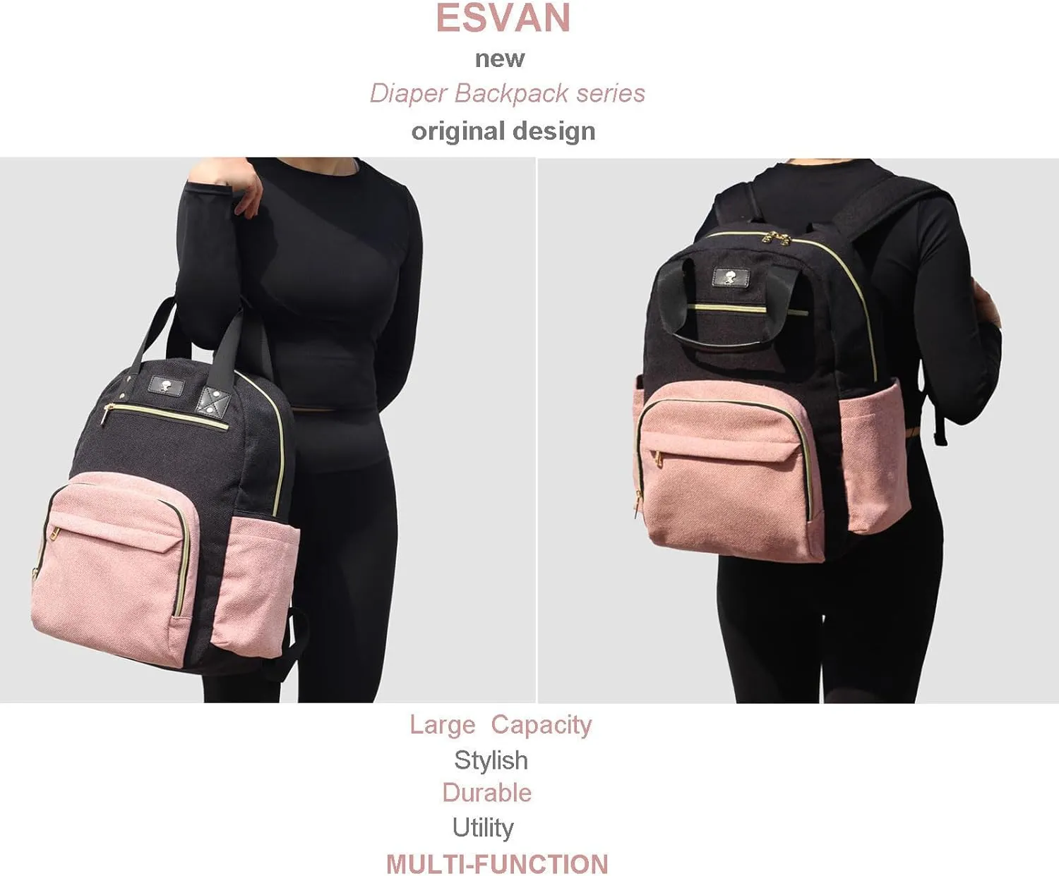 ESVAN Diaper Bag Backpack, Large Capacity Multifunction Baby Essentials Fashion Travel Pack Linen Canvas office Laptop Bag