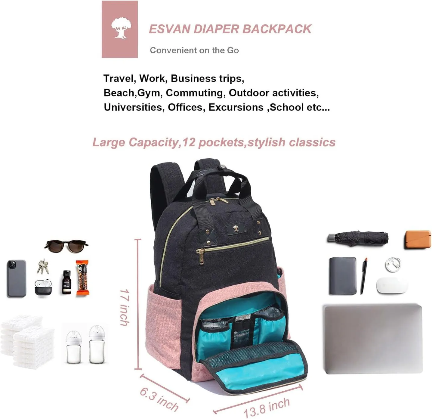 ESVAN Diaper Bag Backpack, Large Capacity Multifunction Baby Essentials Fashion Travel Pack Linen Canvas office Laptop Bag