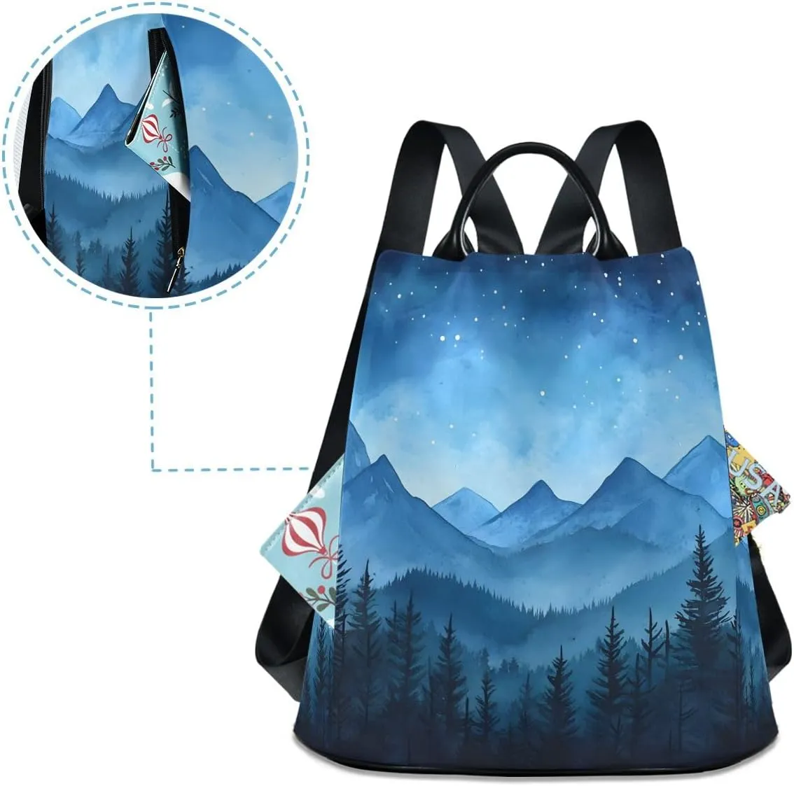 Evergreen Trees Watercolor Backpack Purse for Women Rucksack Anti Theft Handbag with Pompom Travel Bag