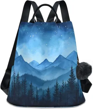 Evergreen Trees Watercolor Backpack Purse for Women Rucksack Anti Theft Handbag with Pompom Travel Bag
