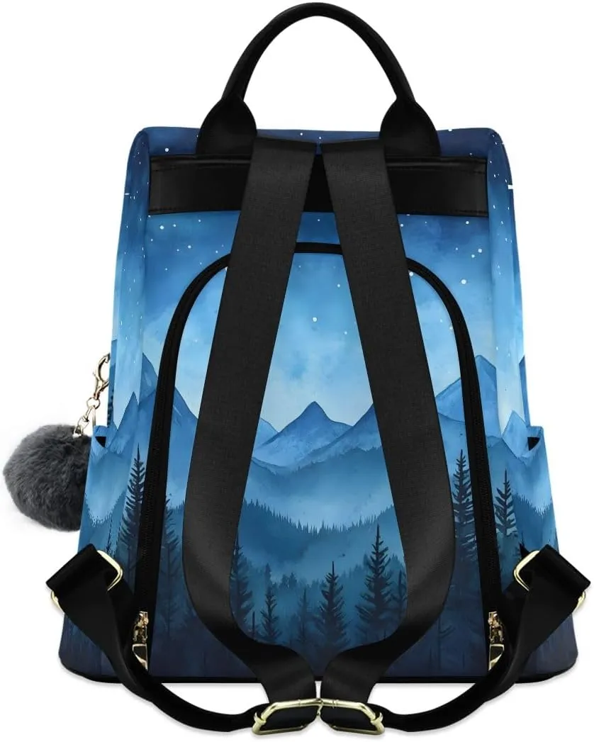 Evergreen Trees Watercolor Backpack Purse for Women Rucksack Anti Theft Handbag with Pompom Travel Bag