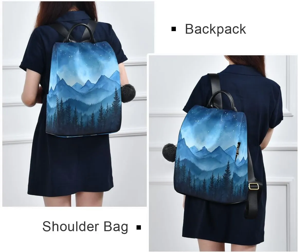 Evergreen Trees Watercolor Backpack Purse for Women Rucksack Anti Theft Handbag with Pompom Travel Bag