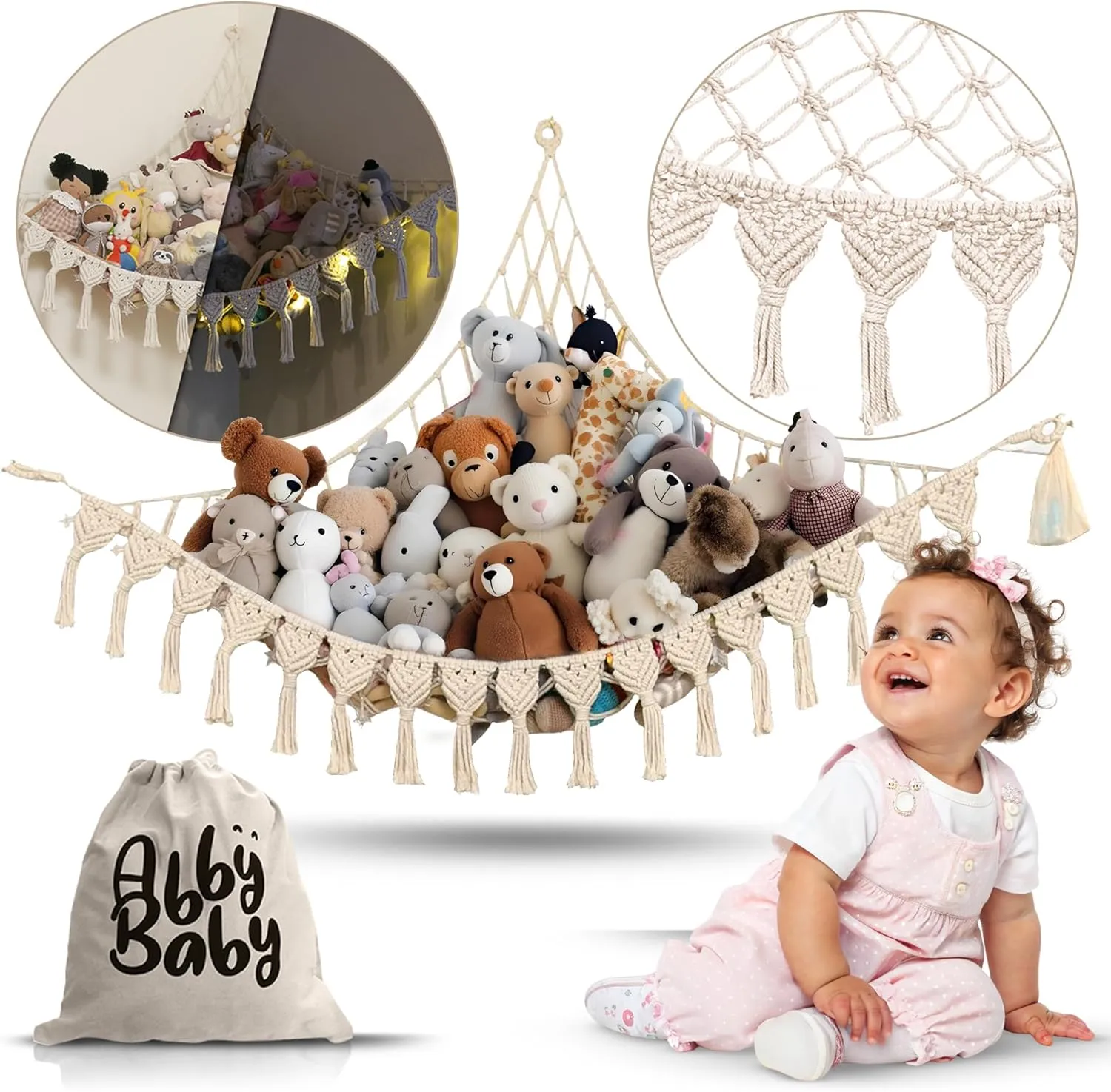 Extra Large Stuffed Animal Storage Hammock Corner with LED Lights – 25LB Capacity Hanging Toy Net for Small or Large Plushies, Boho Macrame Squishmallow, Plush Net, Gray