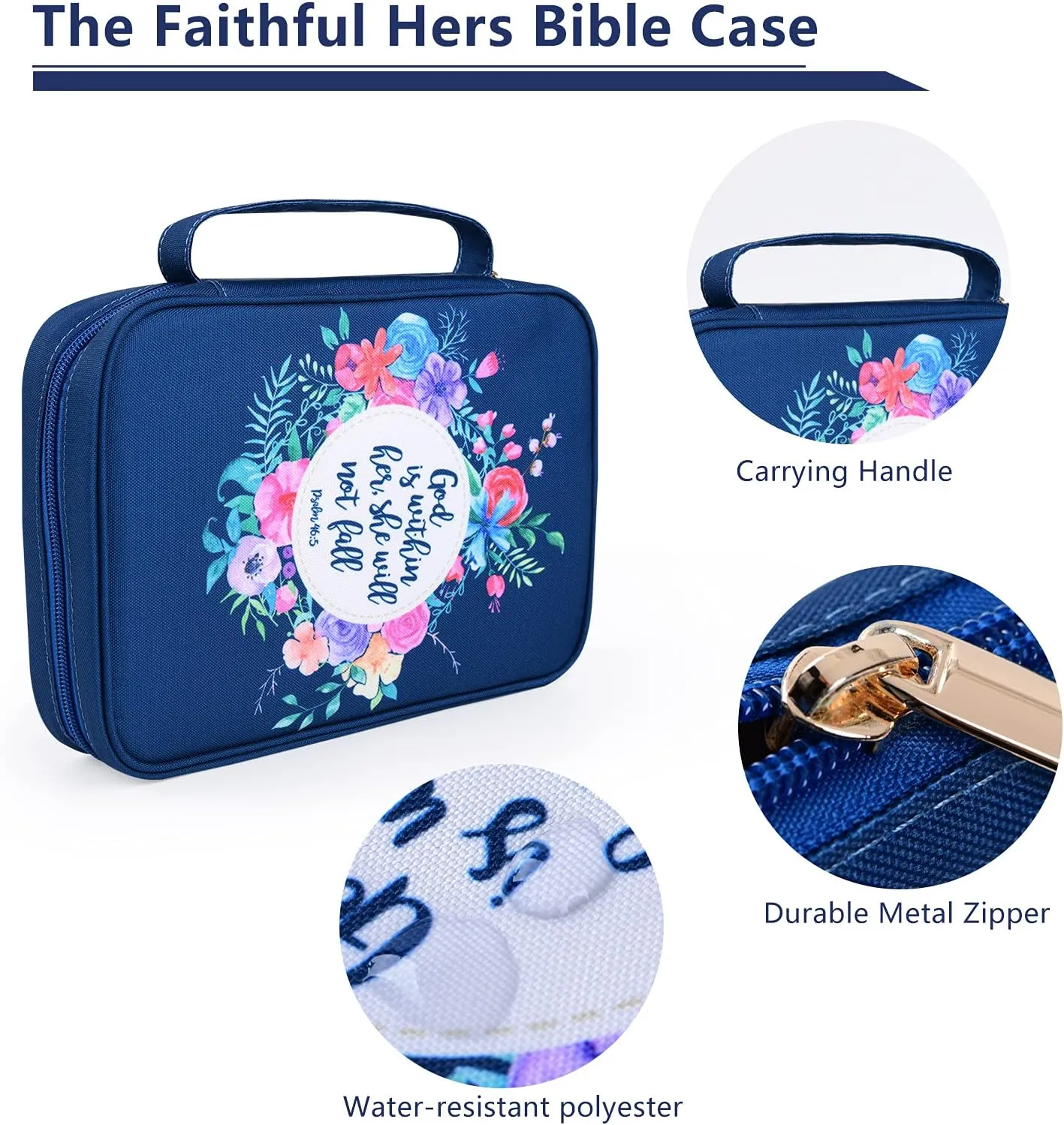 Faithful Hers Floral Bible Cover Case with Scripture Carrying Book Case Church Bag with Protective with Handle, Zipper and Pockets for Standard Size Bible, Gift for Women Girl Kids 11“x8.5”x2.5