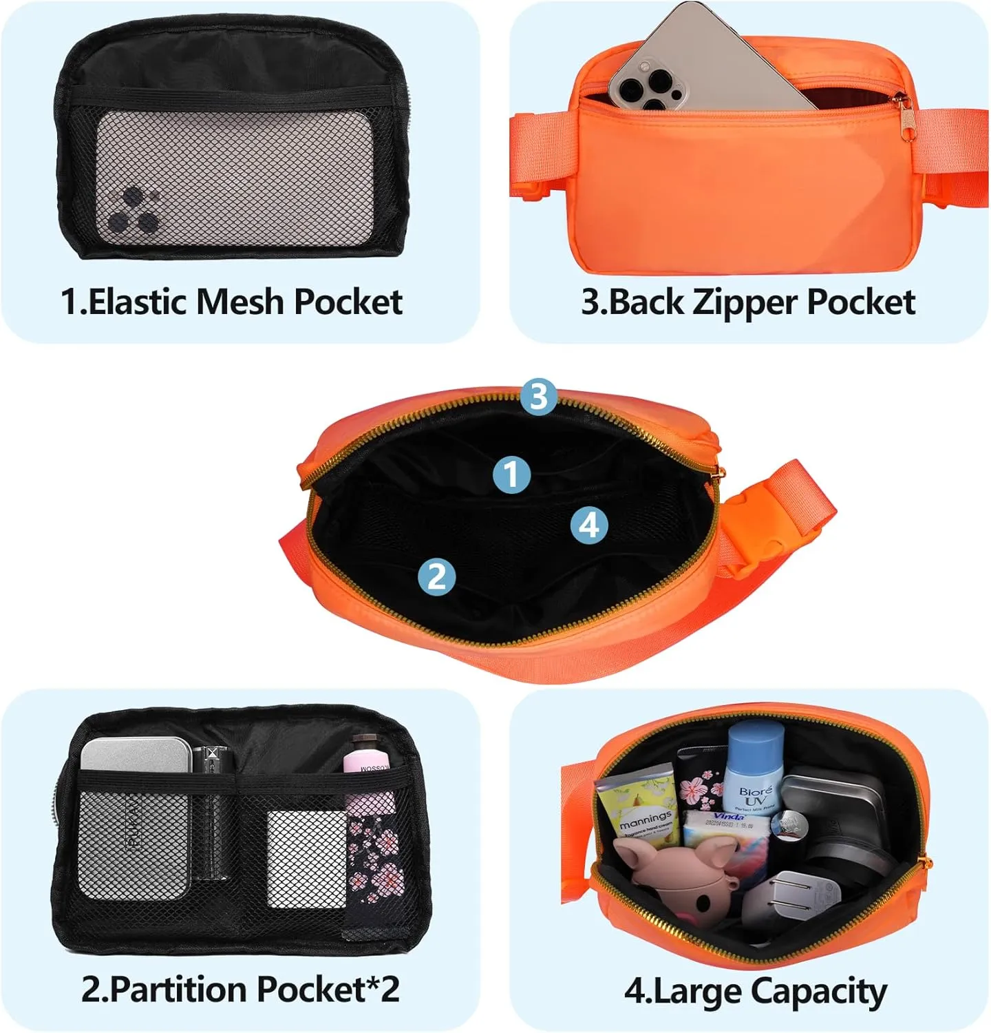 Fanny Pack Crossbody Bag for Women and Men, Belt Bag for Hiking Bum Bag with Adjustable Strap, Waist pack for Running Workout Sports Travel Black Orange