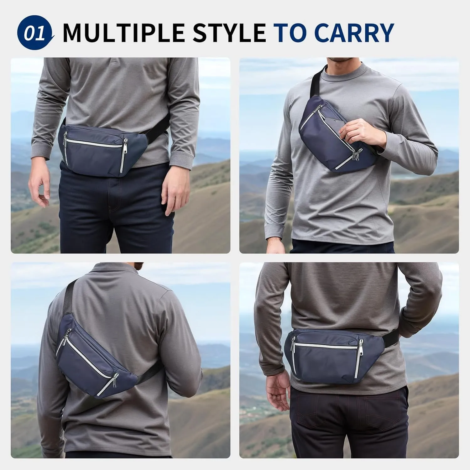 Fanny Pack for Men Women, Waterproof Nylon Anti Theft Waist Bag for Travel Hiking Running Sports Belt Bag (Blue)