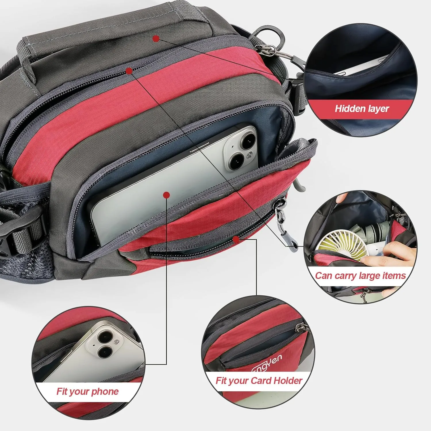 Fanny Pack Waist Bag for Women Men, running packs gear with Phone Water Bottle holder Adjustable belt, for Travel Workout Hiking, carrying iPhone money, multi colors… (red)