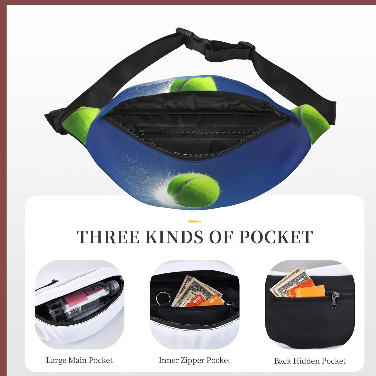Fanny Packs For Women Men Waist Bag Waterproof Sport Belt Bag Tennis Ball In The Air Fashion Waist Pack Adjustable Crossbody Bags Zipper Bum Bag For Running Hiking Travel