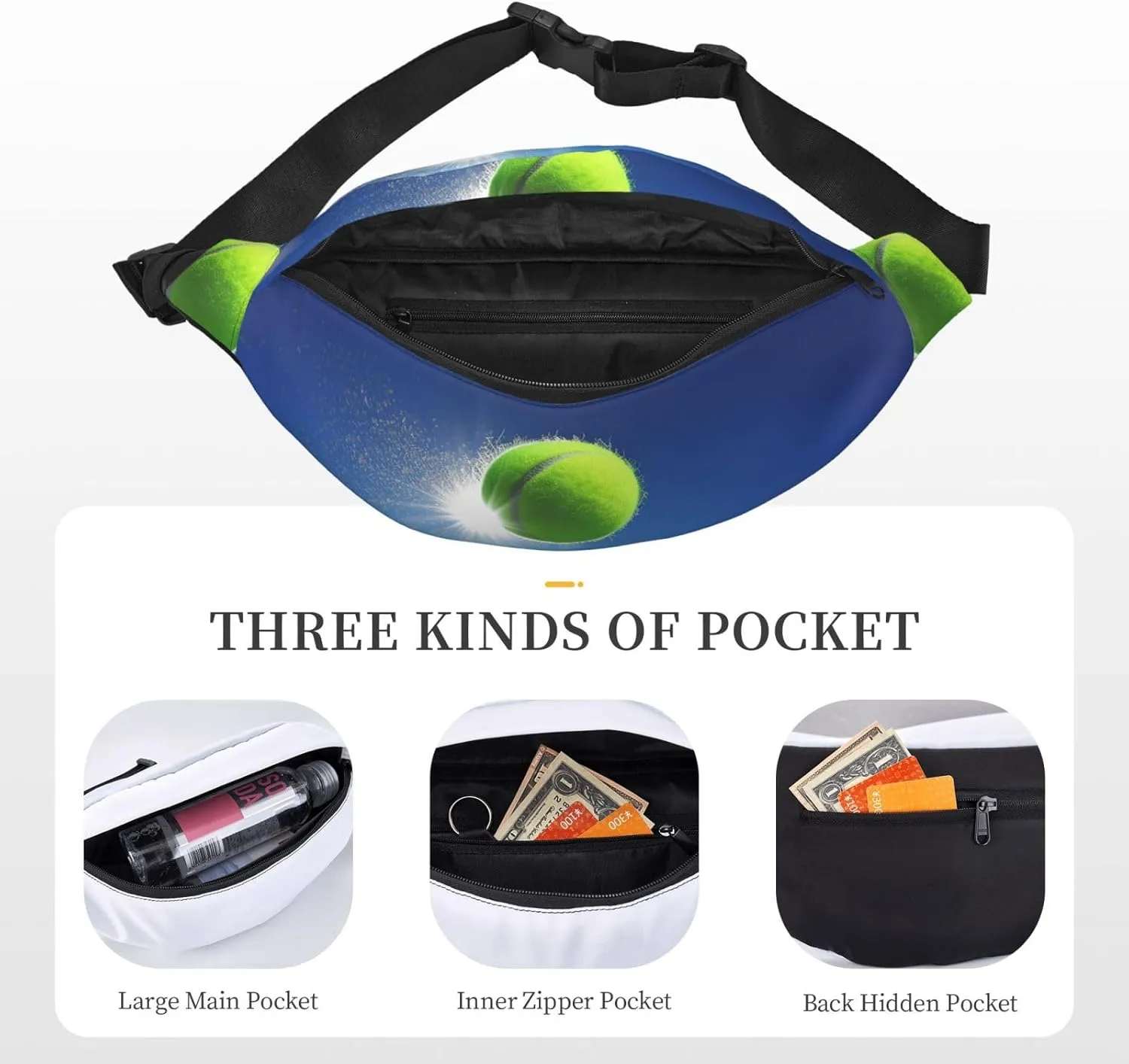 Fanny Packs For Women Men Waist Bag Waterproof Sport Belt Bag Tennis Ball In The Air Fashion Waist Pack Adjustable Crossbody Bags Zipper Bum Bag For Running Hiking Travel