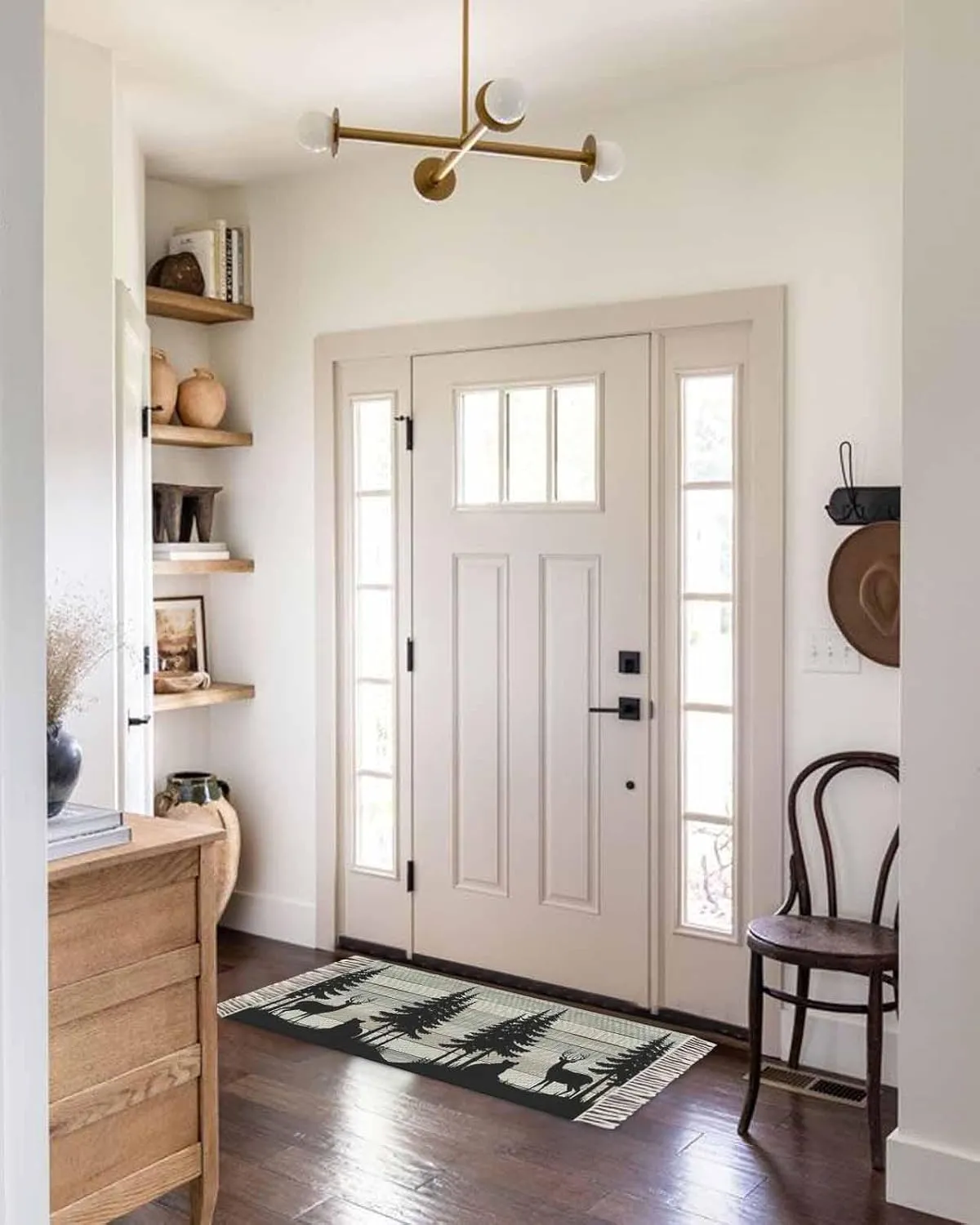 Farmhouse Forest Runner Rug 2X4 Ft Entryway Outdoor Indoor Mat, Washable Woven Throw Carpet with Tassel, Rustic Retro Deer Bear Tree Wooden Grain Non-Shedding Hallway Bath Mats