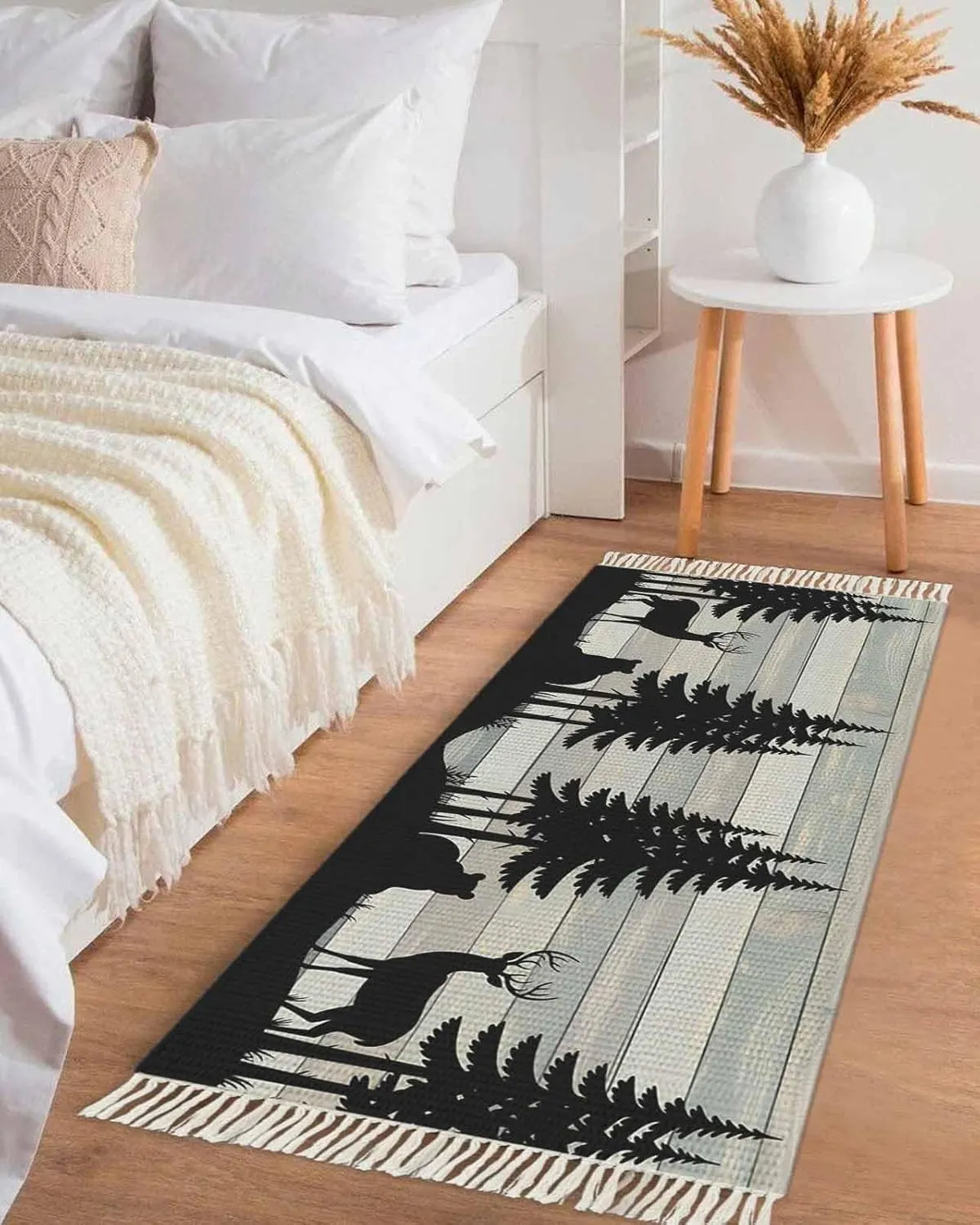 Farmhouse Forest Runner Rug 2X4 Ft Entryway Outdoor Indoor Mat, Washable Woven Throw Carpet with Tassel, Rustic Retro Deer Bear Tree Wooden Grain Non-Shedding Hallway Bath Mats