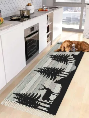 Farmhouse Forest Runner Rug 2X4 Ft Entryway Outdoor Indoor Mat, Washable Woven Throw Carpet with Tassel, Rustic Retro Deer Bear Tree Wooden Grain Non-Shedding Hallway Bath Mats
