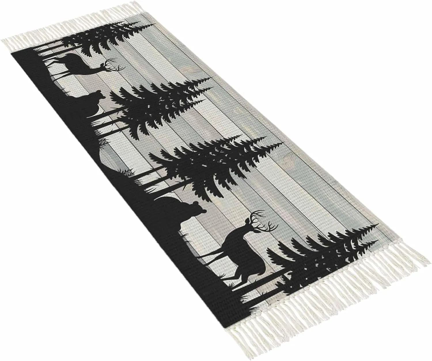 Farmhouse Forest Runner Rug 2X4 Ft Entryway Outdoor Indoor Mat, Washable Woven Throw Carpet with Tassel, Rustic Retro Deer Bear Tree Wooden Grain Non-Shedding Hallway Bath Mats