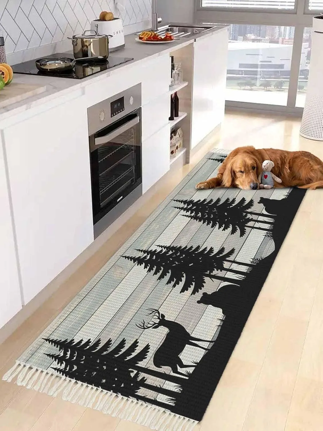 Farmhouse Forest Runner Rug 2X4 Ft Entryway Outdoor Indoor Mat, Washable Woven Throw Carpet with Tassel, Rustic Retro Deer Bear Tree Wooden Grain Non-Shedding Hallway Bath Mats