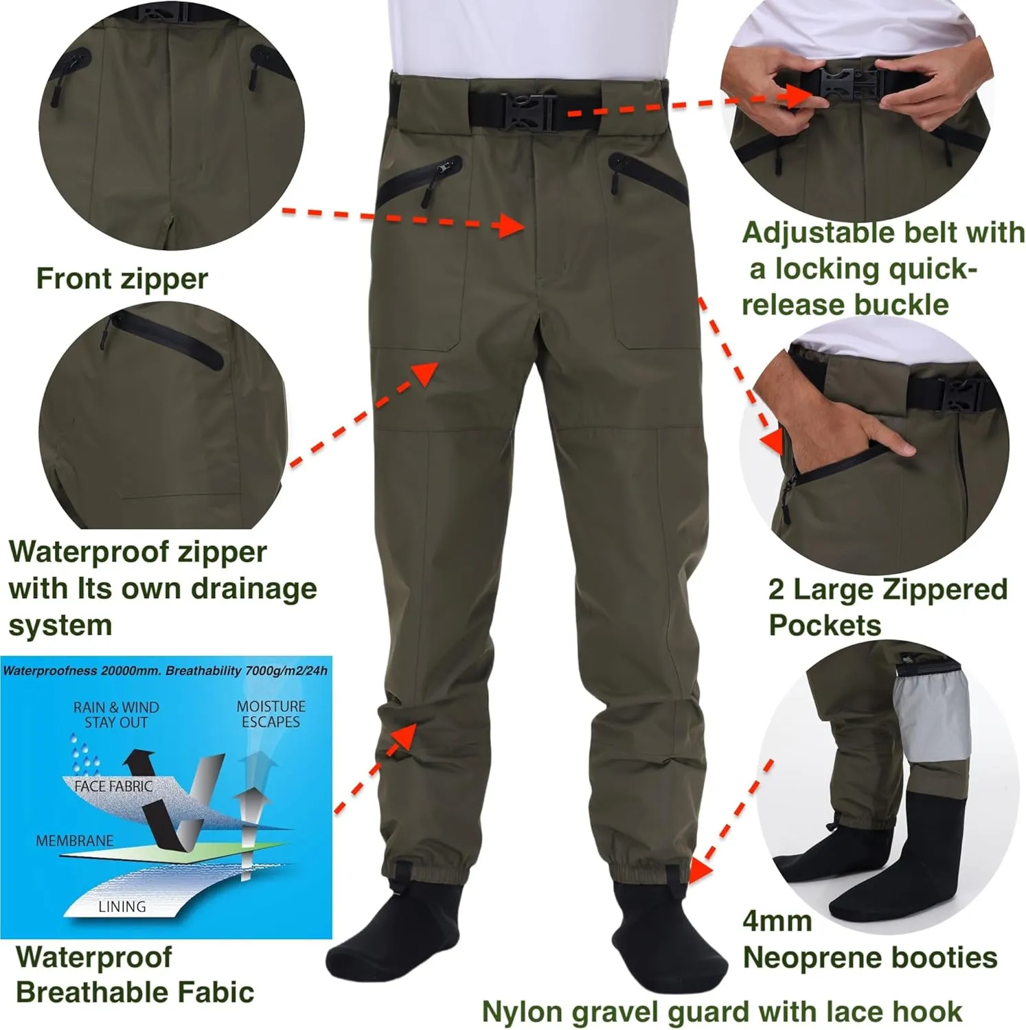 Fishing Waders for Men and Women,Wading Pants with Neoprene Stocking Foot,Fishing Waist Waders Pants with Pockets