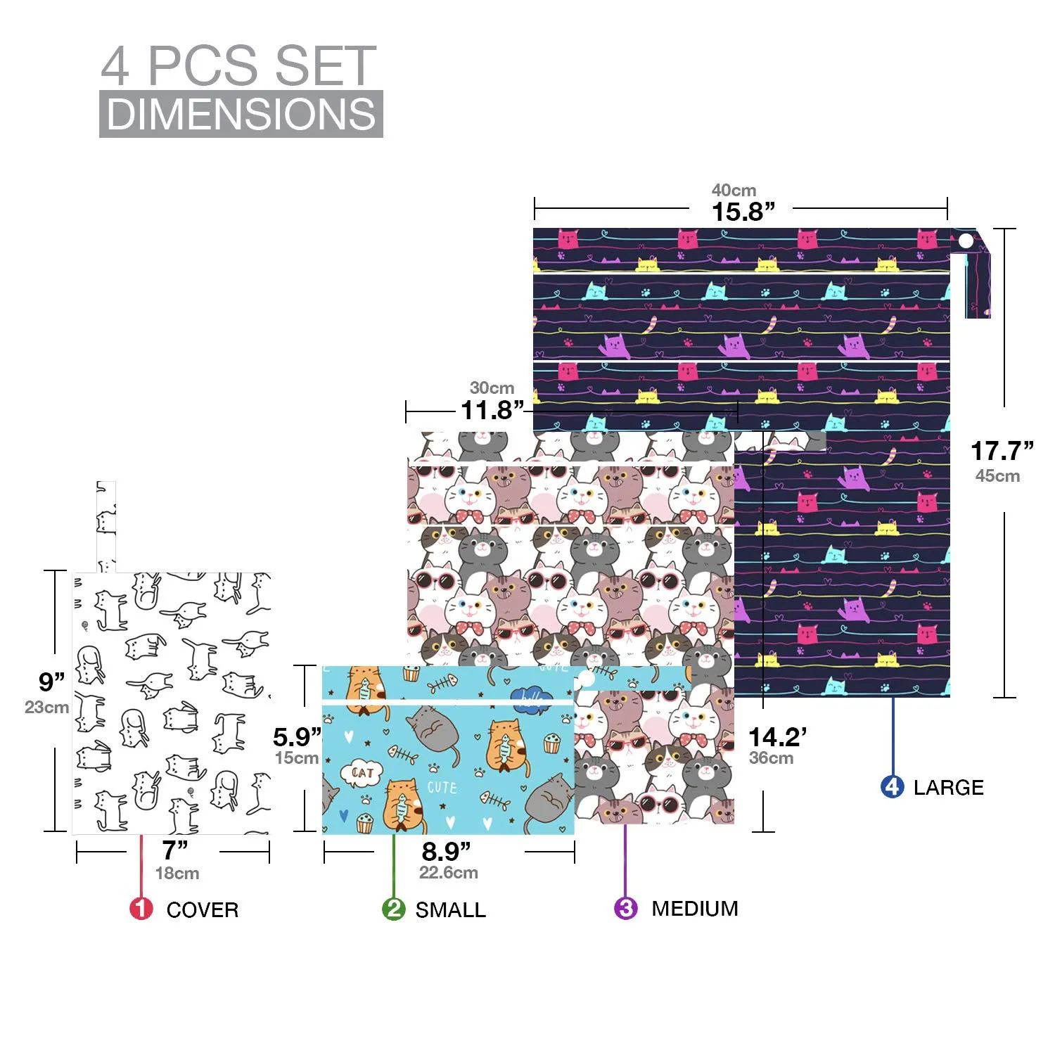 FLOCK THREE 4pcs Waterproof and Reusable Wet Bag Diaper Stroller Water Resistant Swimsuit Travel Toiletries Yoga Gym Washable Carrier Small Medium Large Cat 4 Pack
