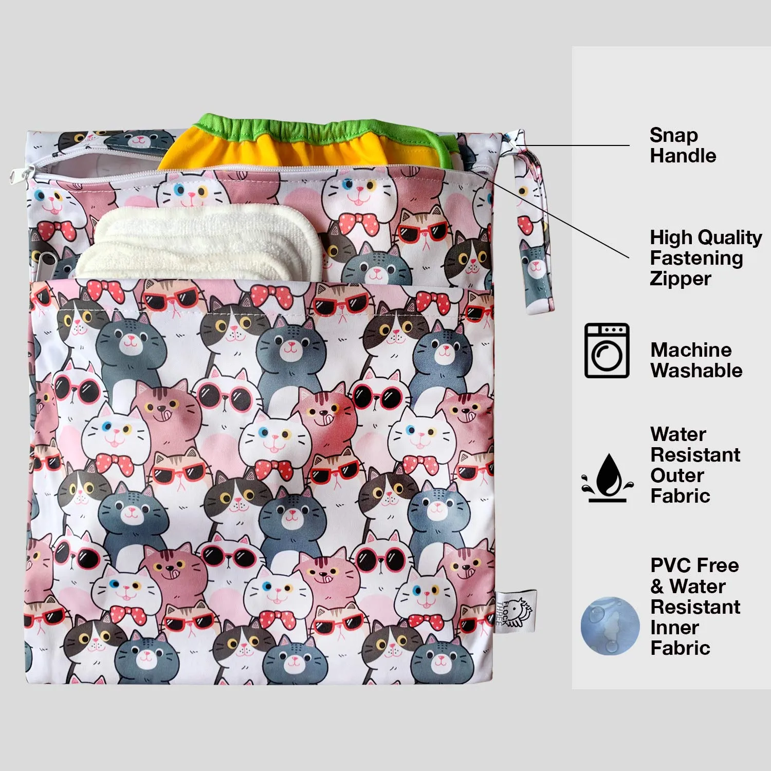 FLOCK THREE 4pcs Waterproof and Reusable Wet Bag Diaper Stroller Water Resistant Swimsuit Travel Toiletries Yoga Gym Washable Carrier Small Medium Large Cat 4 Pack