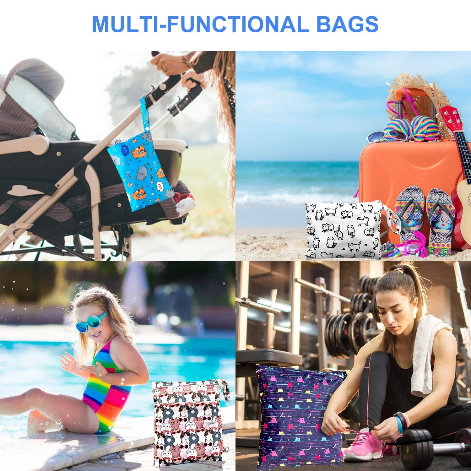 FLOCK THREE 4pcs Waterproof and Reusable Wet Bag Diaper Stroller Water Resistant Swimsuit Travel Toiletries Yoga Gym Washable Carrier Small Medium Large Cat 4 Pack