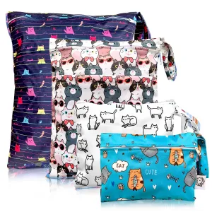 FLOCK THREE 4pcs Waterproof and Reusable Wet Bag Diaper Stroller Water Resistant Swimsuit Travel Toiletries Yoga Gym Washable Carrier Small Medium Large Cat 4 Pack