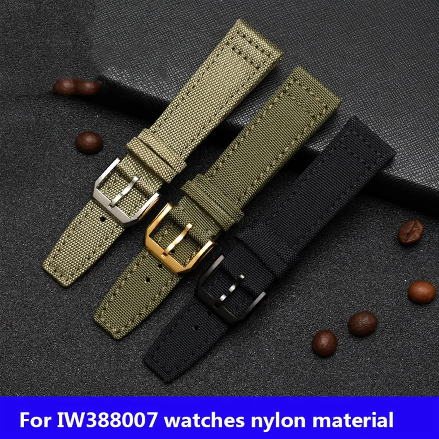 for IWC Pilot Spitfire Timezone TopGun Strap Green Black Belts Wristwatch Straps 20mm 21mm 22mm Nylon Canvas Fabric Watch Band (Color : Pin Black, Size : 20mm)