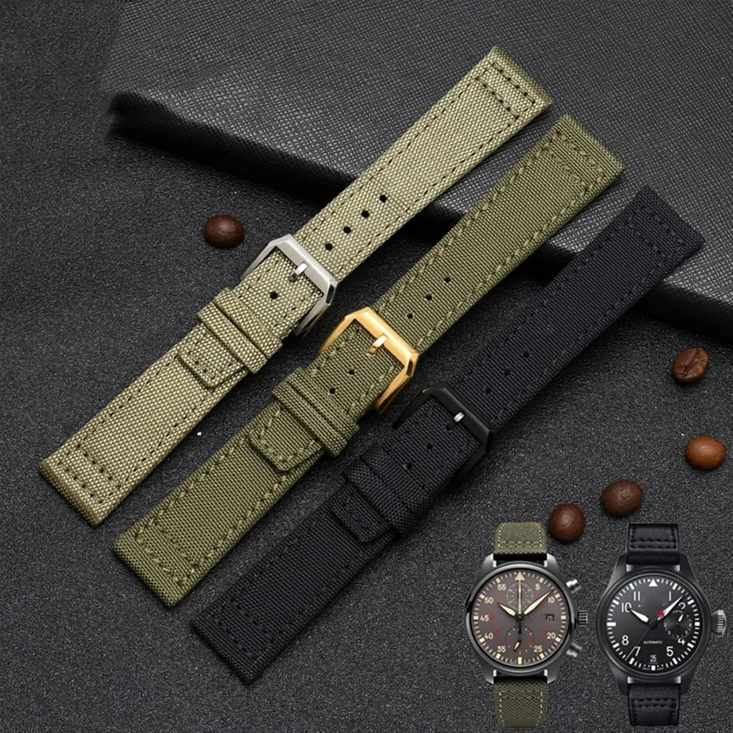 for IWC Pilot Spitfire Timezone TopGun Strap Green Black Belts Wristwatch Straps 20mm 21mm 22mm Nylon Canvas Fabric Watch Band (Color : Pin Black, Size : 20mm)