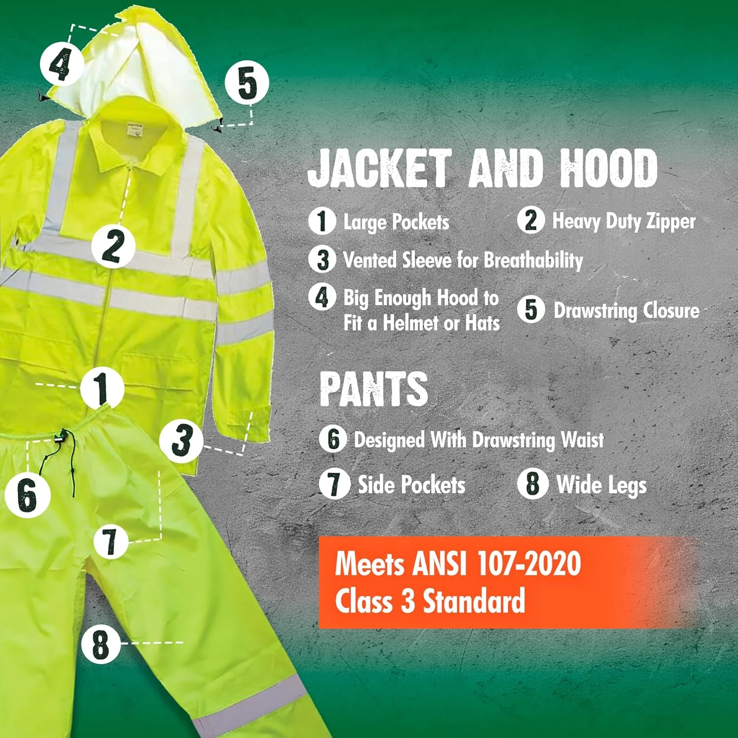 FORESTER Class 3 Hi-Vis Rain Suit - Waterproof Rain Jacket & Pants | Heavy Duty Rain Gear for Men and Women | Lightweight, Reflective Material | X-Large