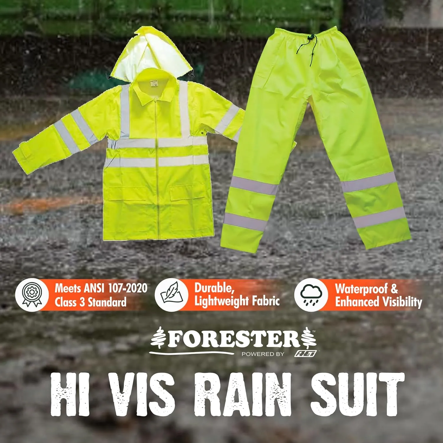 FORESTER Class 3 Hi-Vis Rain Suit - Waterproof Rain Jacket & Pants | Heavy Duty Rain Gear for Men and Women | Lightweight, Reflective Material | X-Large