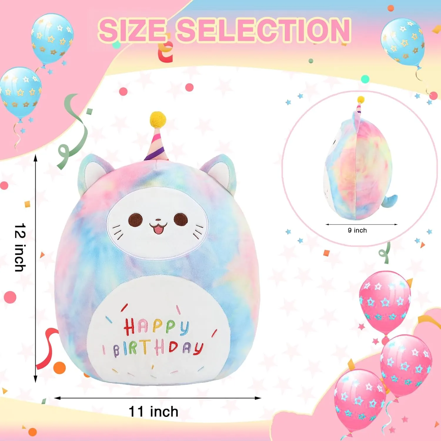 ForYoung 12''Happy Birthday Cat Plush Toy Pillow，Cute Doll Soft Stuffed Animal Birthday Gifts for Kids，Kawaii Girls & Boy (Colourful)