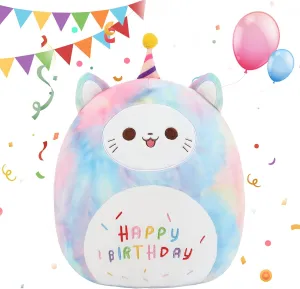 ForYoung 12''Happy Birthday Cat Plush Toy Pillow，Cute Doll Soft Stuffed Animal Birthday Gifts for Kids，Kawaii Girls & Boy (Colourful)