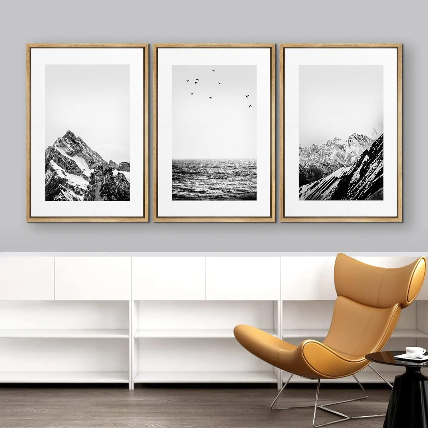 Framed Canvas Print Wall Art Set Black White Snowy Winter Mountain Landscape Nature Wilderness Photography Modern Art Rustic Scenic Relax/Calm for Living Room, Bedroom, Office - 24"x36"x3 Natural