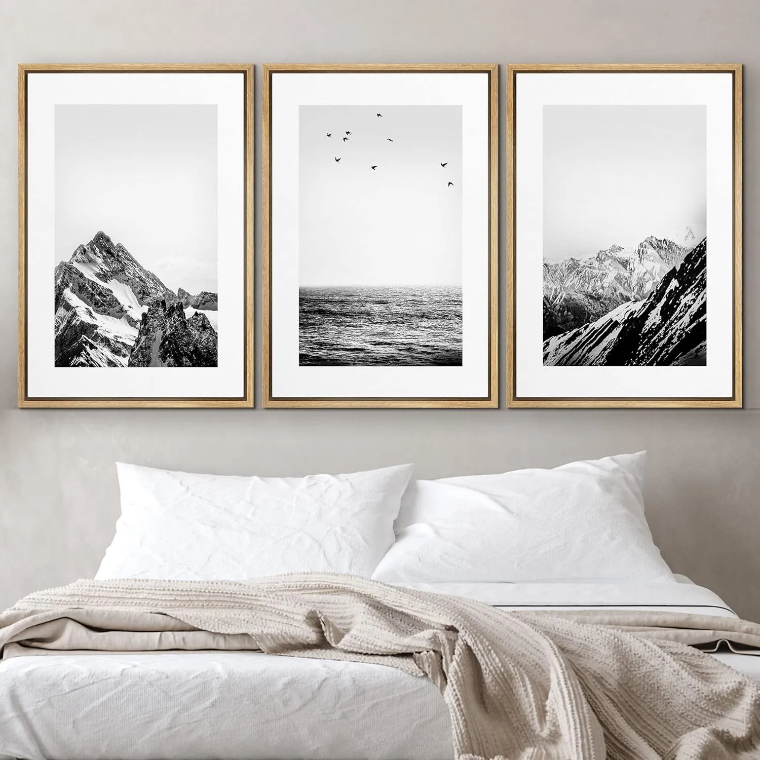 Framed Canvas Print Wall Art Set Black White Snowy Winter Mountain Landscape Nature Wilderness Photography Modern Art Rustic Scenic Relax/Calm for Living Room, Bedroom, Office - 24"x36"x3 Natural