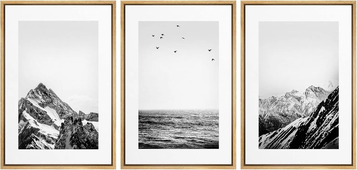 Framed Canvas Print Wall Art Set Black White Snowy Winter Mountain Landscape Nature Wilderness Photography Modern Art Rustic Scenic Relax/Calm for Living Room, Bedroom, Office - 24"x36"x3 Natural