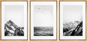 Framed Canvas Print Wall Art Set Black White Snowy Winter Mountain Landscape Nature Wilderness Photography Modern Art Rustic Scenic Relax/Calm for Living Room, Bedroom, Office - 24"x36"x3 Natural