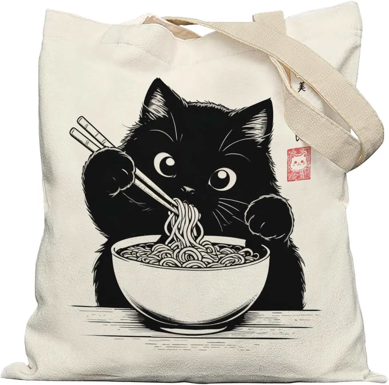 Funny Japanses Noodle Cat Tote Bag, Cat Mom Lovers Owners Gifts Canvas Tote Bags for Women, Cute Kitten Reusable Grocery Shopping Bags