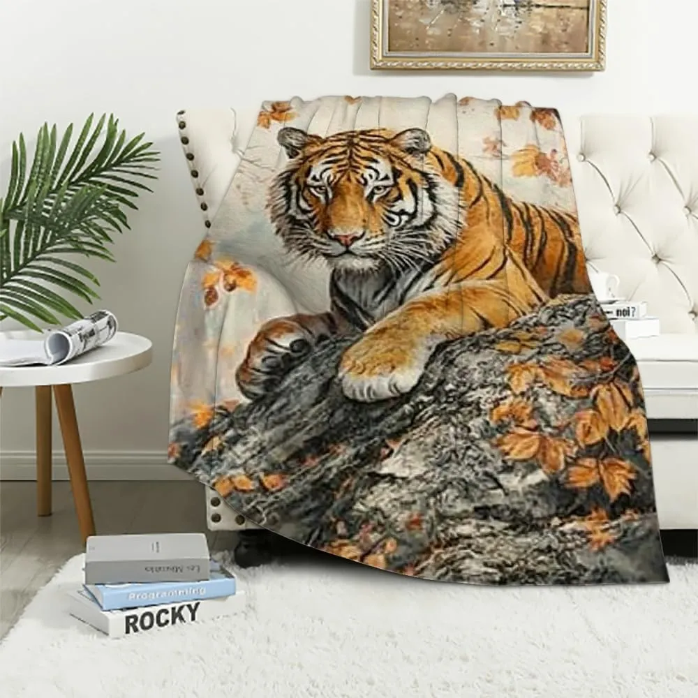 Fuzzy Fluffy Soft Cozy Tiger Rock Leaves Blanket - All-Season Comfort Multifunctional for Sofa, Travel, Camping, Bed, Chair 50 * 60in