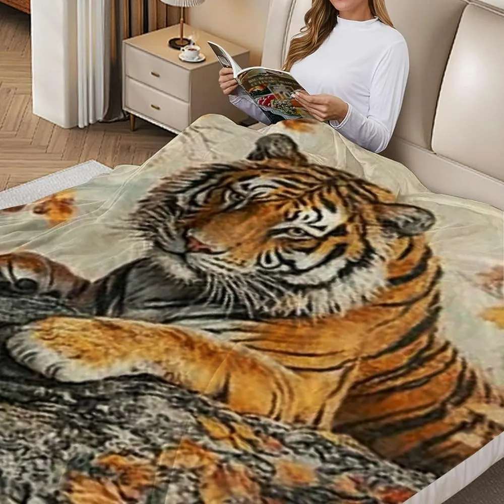 Fuzzy Fluffy Soft Cozy Tiger Rock Leaves Blanket - All-Season Comfort Multifunctional for Sofa, Travel, Camping, Bed, Chair 50 * 60in