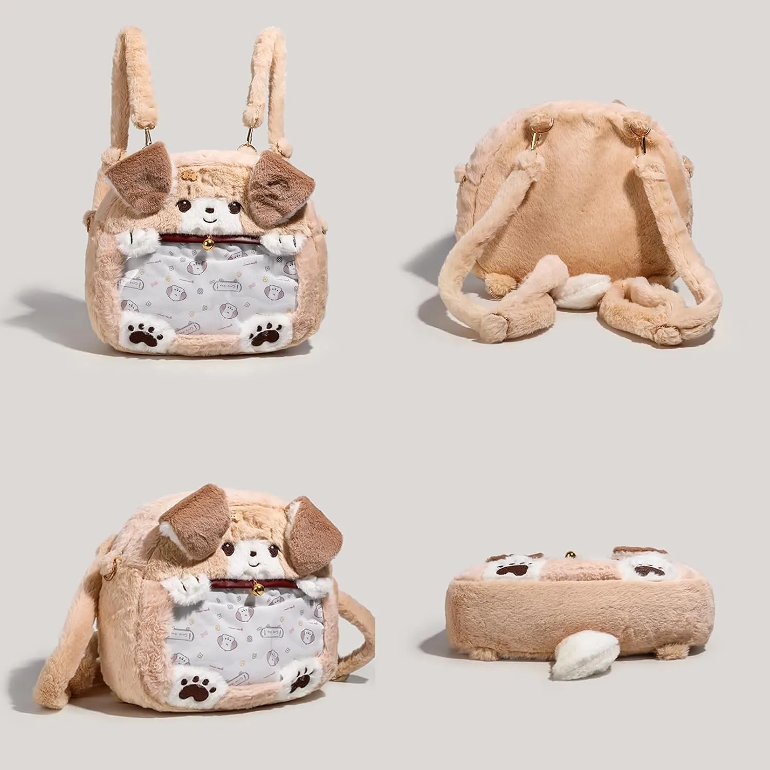 Fuzzy Puppy Shape Ita Backpack Purse Clear Pin Display Travel Shoulder Bag with Window Cute Plush Dog Ita Crossbody Collector Bag Cosplay YEW