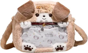 Fuzzy Puppy Shape Ita Backpack Purse Clear Pin Display Travel Shoulder Bag with Window Cute Plush Dog Ita Crossbody Collector Bag Cosplay YEW