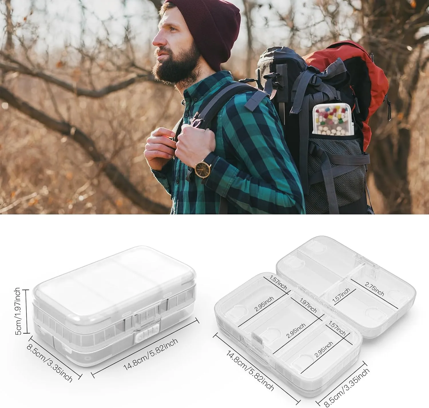 FYY Weekly Pill Organizer with Labels,8 Compartments Travel Daily Pill Case Airtight Moistureproof Large Pill Box to Hold Vitamins, Fish Oil, Supplements,Cotton Swab and Bandages-Clear