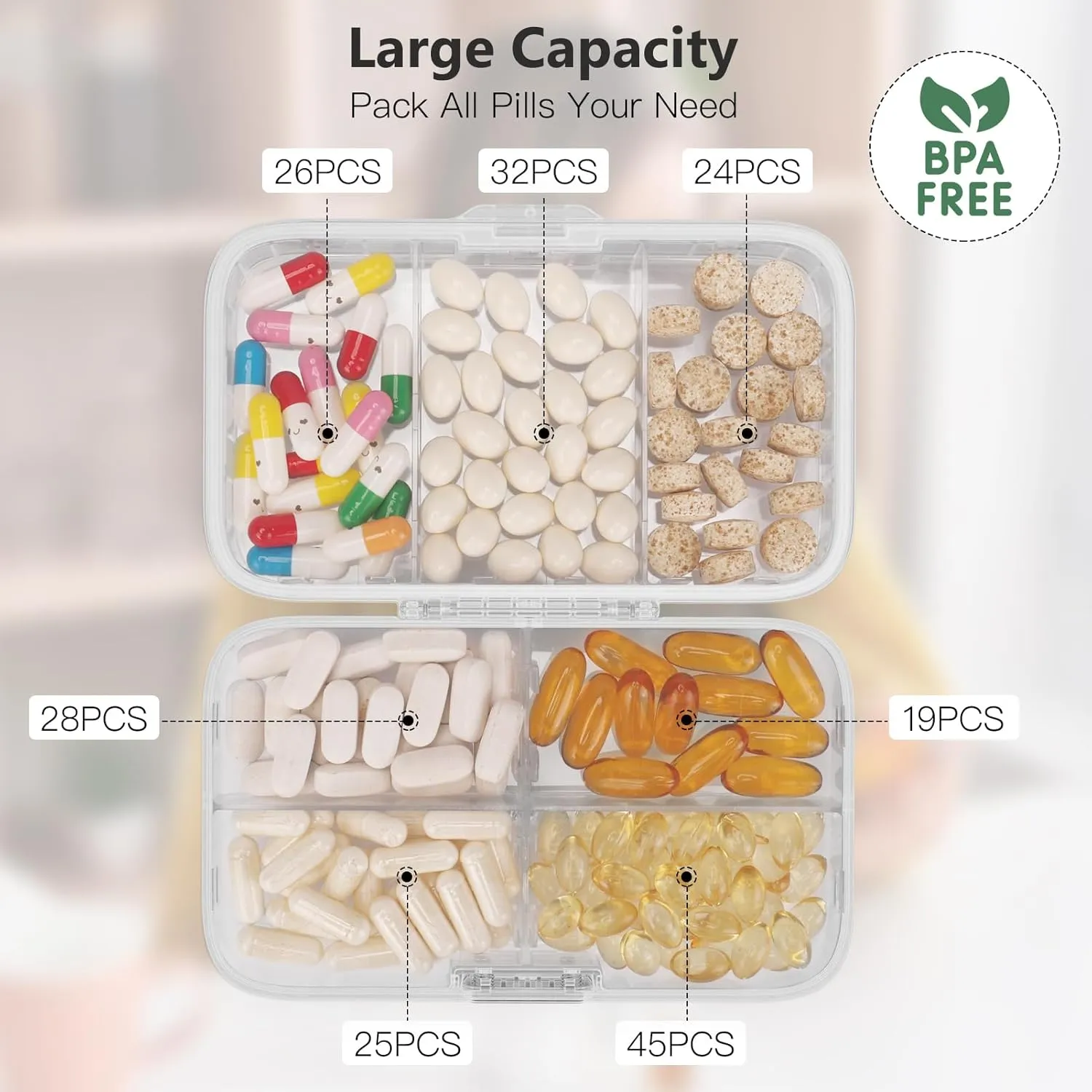 FYY Weekly Pill Organizer with Labels,8 Compartments Travel Daily Pill Case Airtight Moistureproof Large Pill Box to Hold Vitamins, Fish Oil, Supplements,Cotton Swab and Bandages-Clear