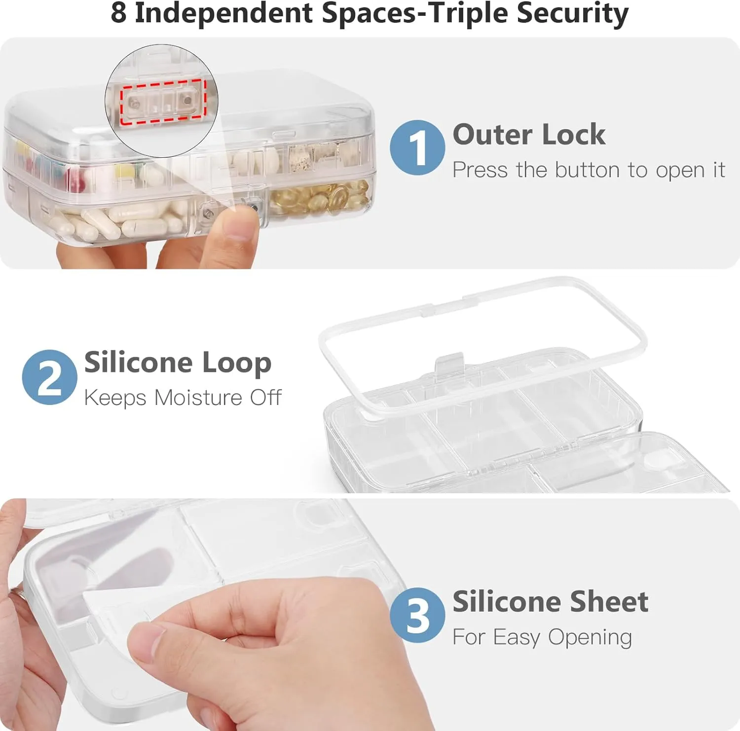 FYY Weekly Pill Organizer with Labels,8 Compartments Travel Daily Pill Case Airtight Moistureproof Large Pill Box to Hold Vitamins, Fish Oil, Supplements,Cotton Swab and Bandages-Clear