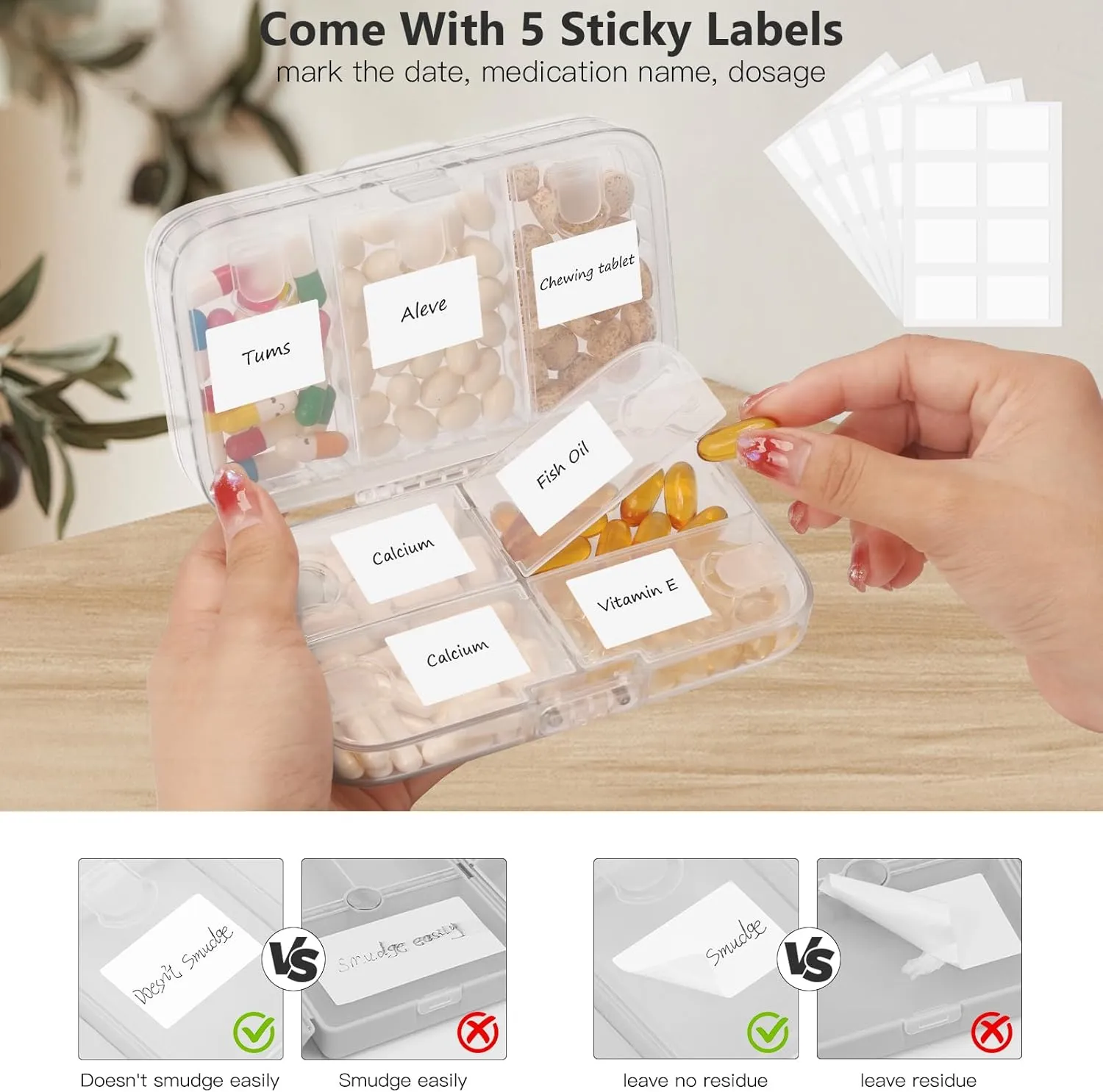 FYY Weekly Pill Organizer with Labels,8 Compartments Travel Daily Pill Case Airtight Moistureproof Large Pill Box to Hold Vitamins, Fish Oil, Supplements,Cotton Swab and Bandages-Clear