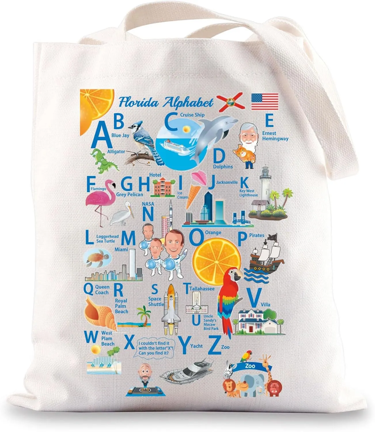 G2TUP Florida Alphabet Reusable Travel Bag Florida Orange Blossom Shoulder Bag Gift for Women Trip Aesthetic Canvas Bag (Florida Alphabet Reusable Bag)