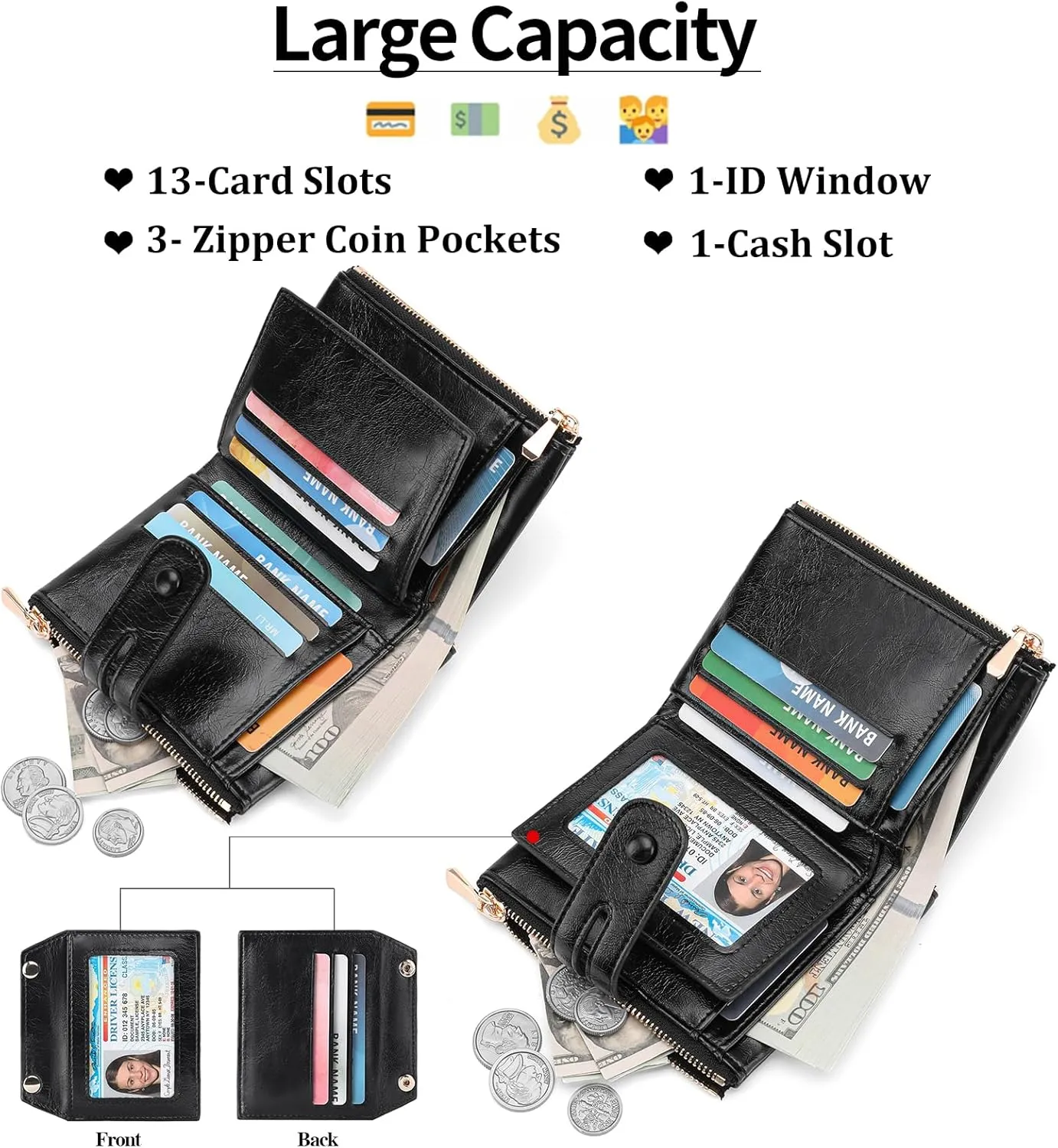 GAEKEAO Small Wallets for Women Leather RFID Blocking Bifold Double Zipper Coin Pocket Purse with Anti-Theft Chain