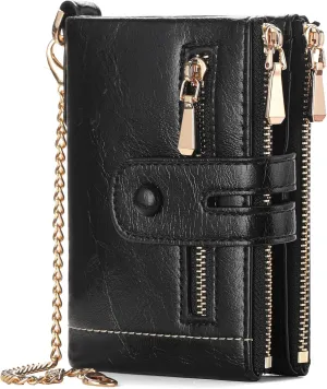 GAEKEAO Small Wallets for Women Leather RFID Blocking Bifold Double Zipper Coin Pocket Purse with Anti-Theft Chain