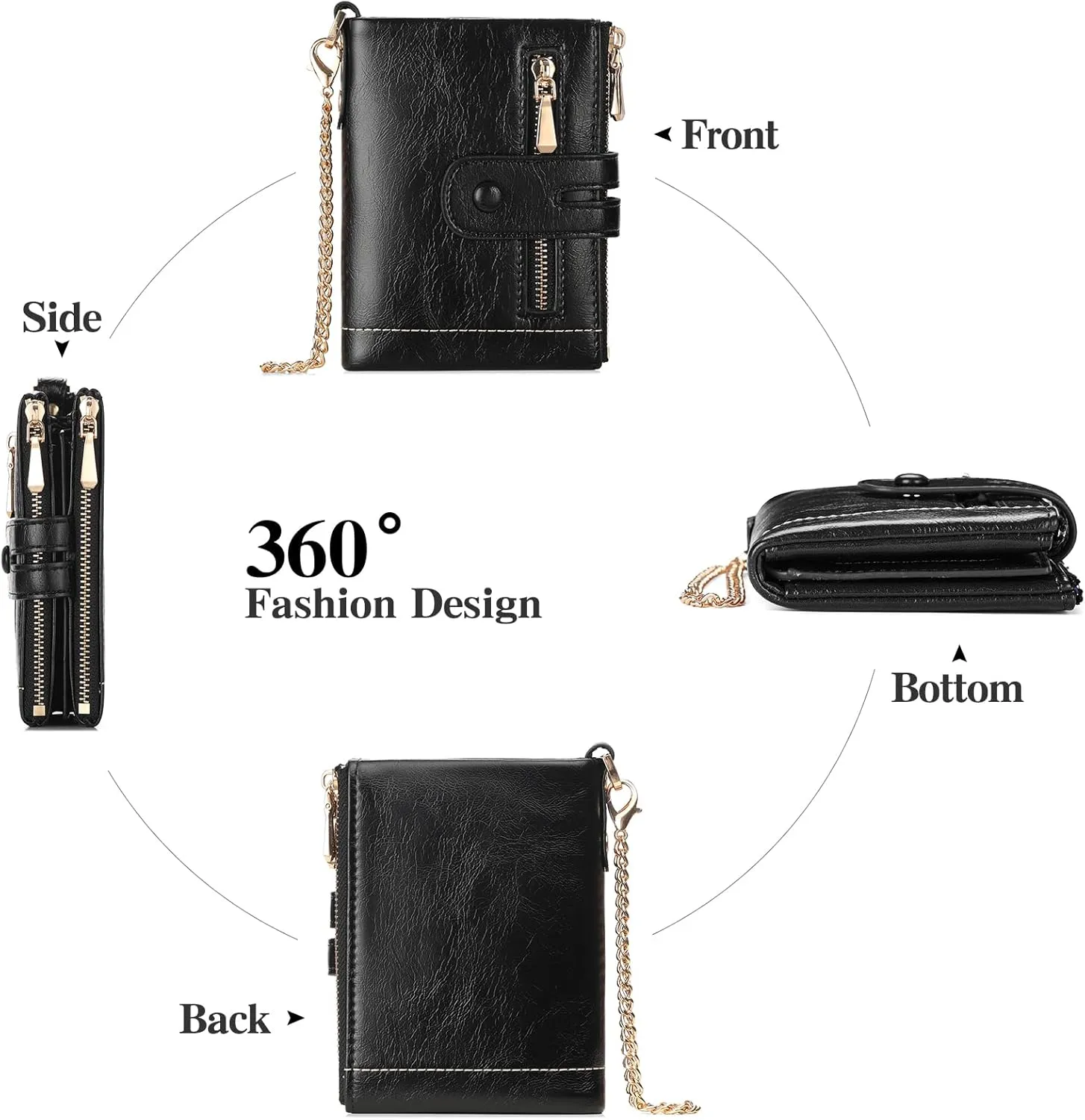 GAEKEAO Small Wallets for Women Leather RFID Blocking Bifold Double Zipper Coin Pocket Purse with Anti-Theft Chain