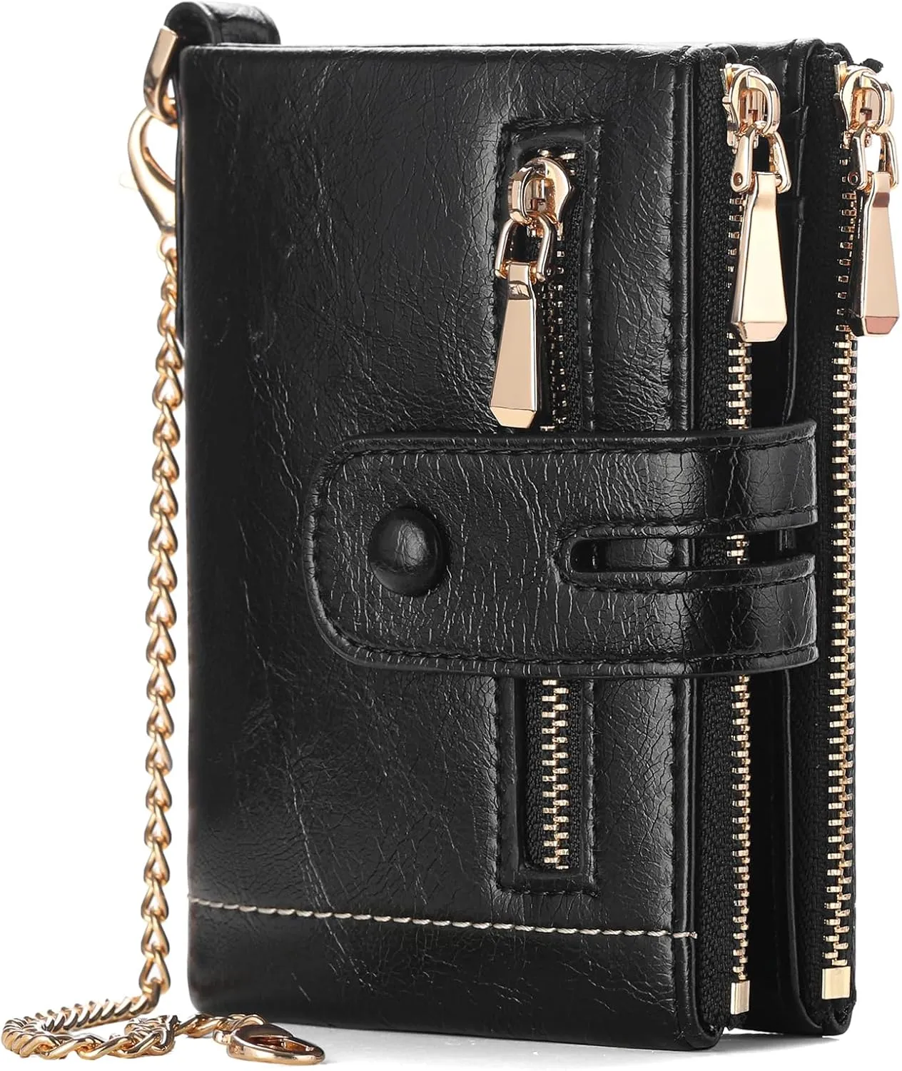 GAEKEAO Small Wallets for Women Leather RFID Blocking Bifold Double Zipper Coin Pocket Purse with Anti-Theft Chain