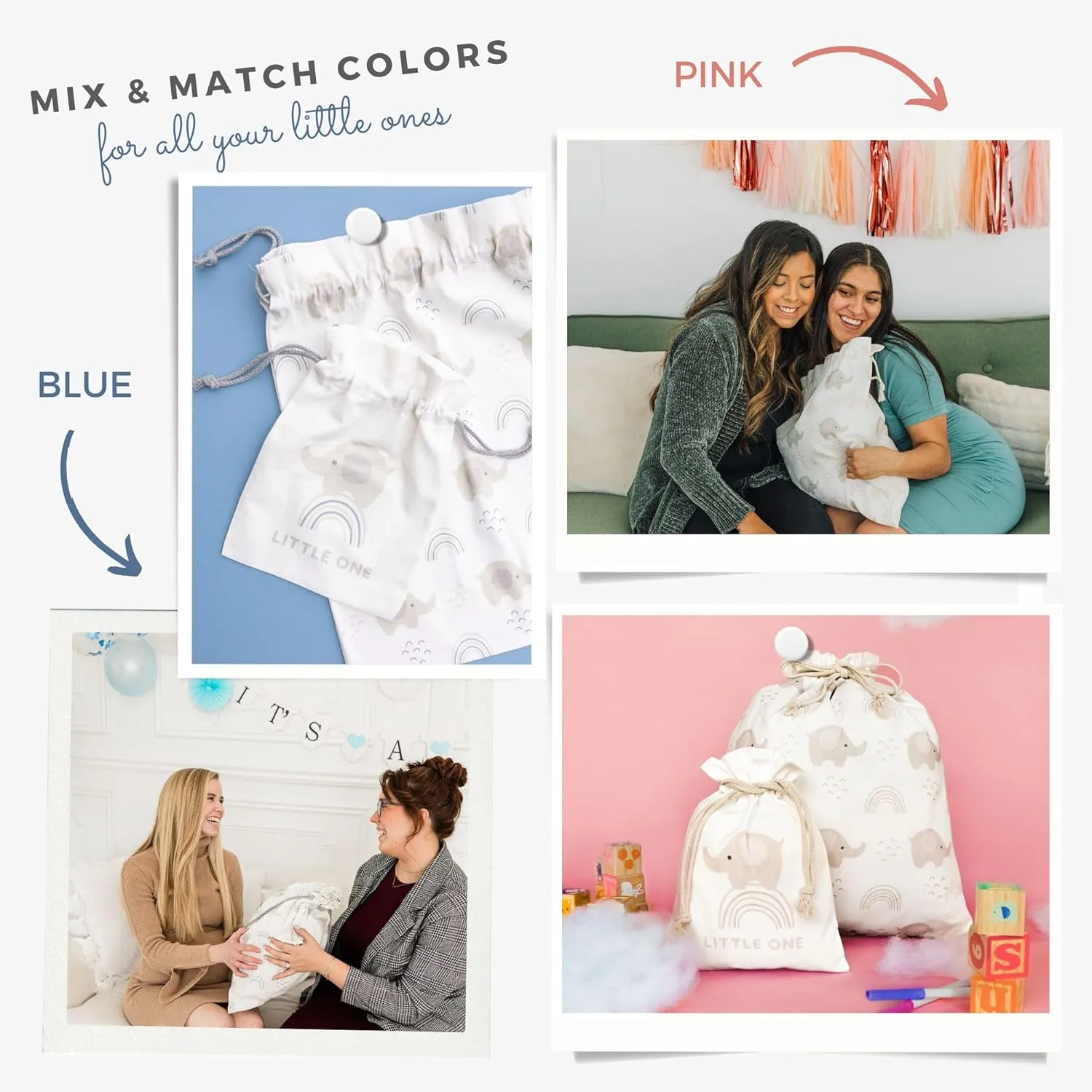 Gather & Knot Drawstring Gift Bags | 20" Large 12" Small | Premium Canvas | Reusable Fabric Wrap for Boy Baby Shower or Birthday | Elephant Blue
