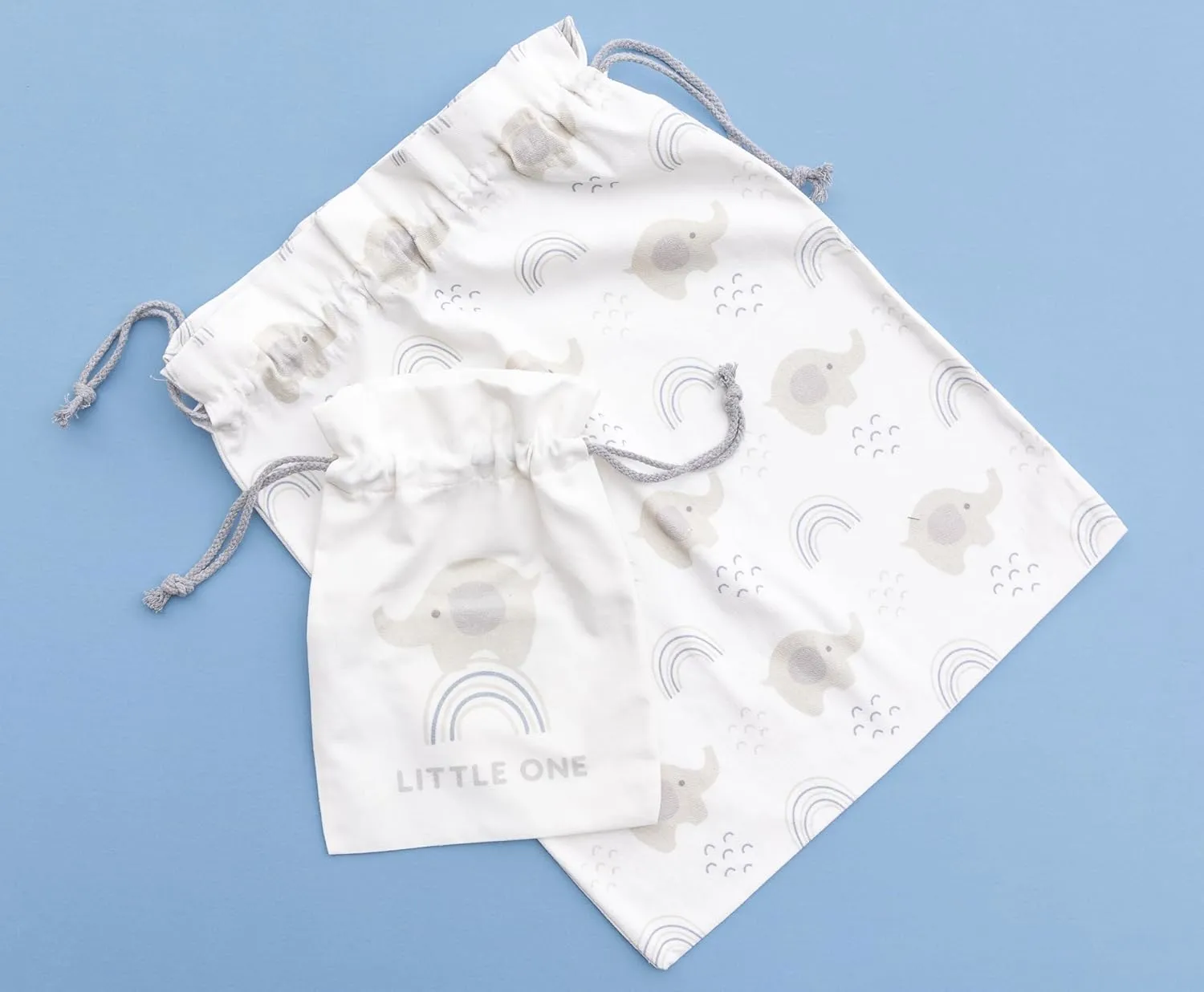 Gather & Knot Drawstring Gift Bags | 20" Large 12" Small | Premium Canvas | Reusable Fabric Wrap for Boy Baby Shower or Birthday | Elephant Blue