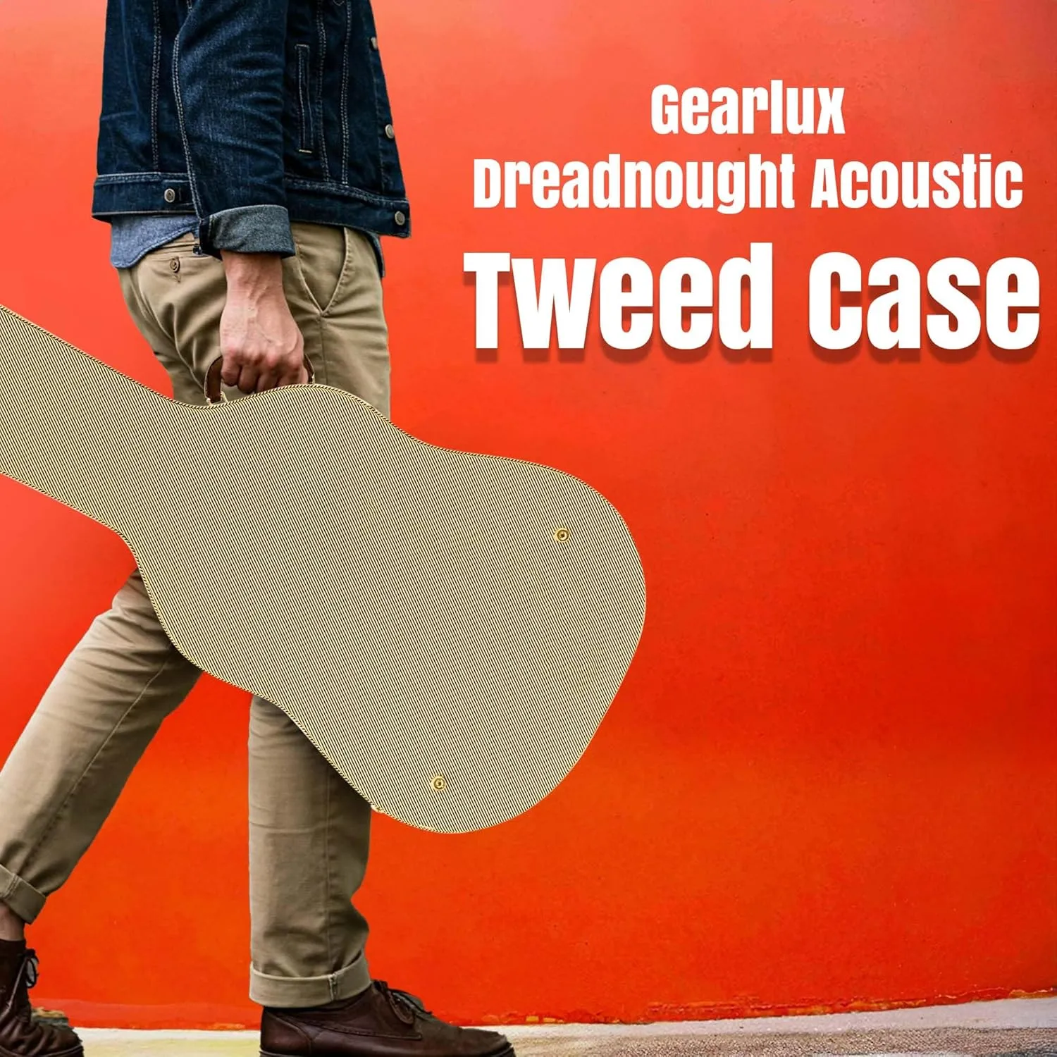 Gearlux Dreadnought Acoustic Guitar Hard Case with Exterior Lock and Key, Interior Accessory Compartment, and Plush Interior Padding - Tweed